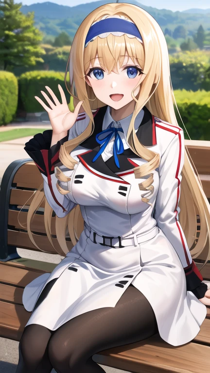 masterpiece, best quality, highres, aacecilia, very long hair, curly hair, drill hair, blue hairband, school uniform, white jacket, white dress, long sleeves, belt, black pantyhose, sitting, bench, waving, smile, open mouth, outdooors