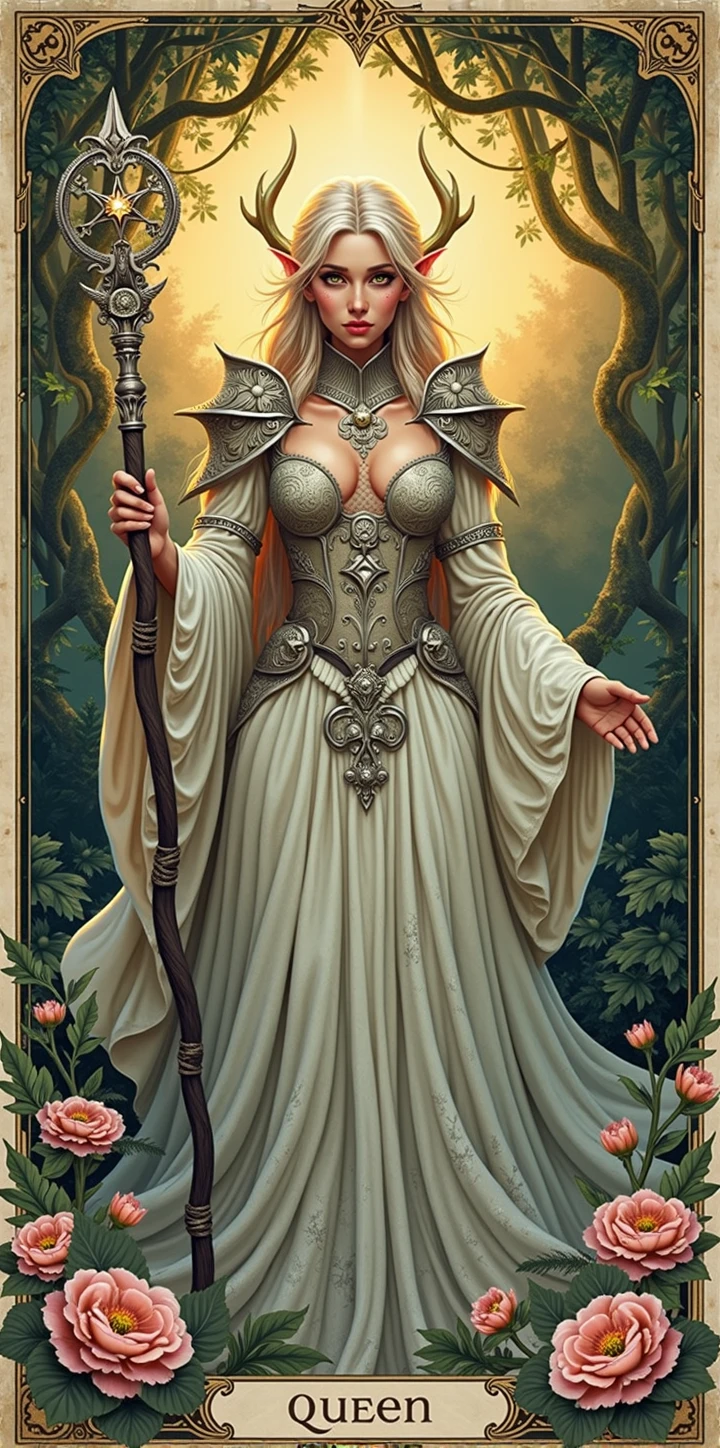 A tarot card of a gorgeous beautiful elf warrior queen, fractal magic, illustration in the style of Travis Charest, ink linework, poster, Elle Fanning model, cgsociety, fantasy art, detailed illustration, mystical, A botanical masterpiece, detailed, hyper-realistic, elemets of symbolism and surrealism, intricate design, intertwined, beautiful woman, flowers, pastel.