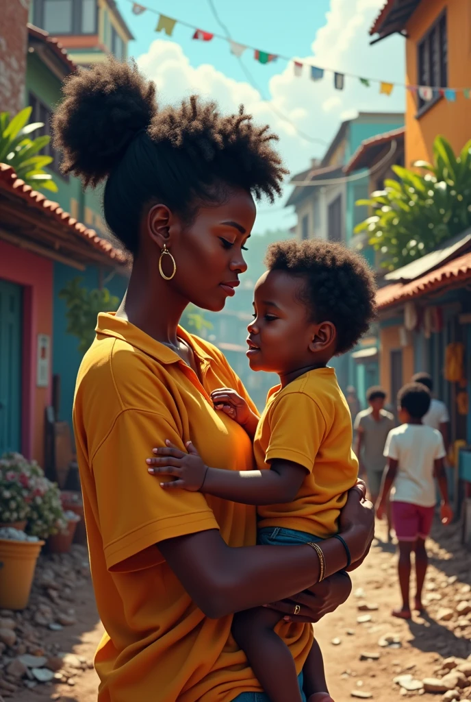 Create the image of a black woman with her son in her arms in the favela