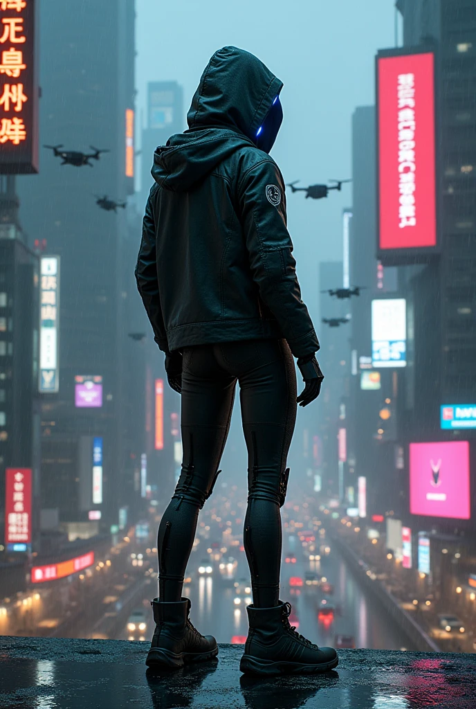 A realistic cypherpunk character clad in a sleek, form-fitting bodysuit with integrated circuitry and a hooded jacket that drapes over their head, casting shadows across their face. The character's eyes glow with a vibrant blue light, partially hidden beneath the hood. They stand confidently on a rain-slicked rooftop, overlooking a sprawling futuristic cityscape at dusk. The city is a maze of towering skyscrapers adorned with neon signs, holographic displays, and buzzing drones that patrol the skies. In the distance, giant digital billboards flash messages in various languages. The streets far below are filled with the glow of neon lights and the movement of people and vehicles. The scene is moody and atmospheric, with the character exuding an air of rebellion and defiance in this cybernetic world.