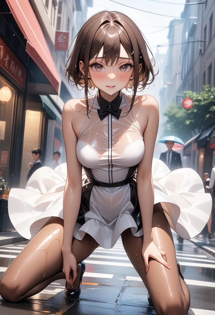 (((Rainy day in town))), Very wet from the rain, ((Fashion Model), (((A formal dress that is wet and transparent from the rain))), (skirt), (pantyhose),)), , ((Shiny Costumes)), skindentation, skinny, solo, 1 woman, Masterpiece, highest quality, highest quality, 16K, incredibly absurd, highly detailed, 2.5D, ai-generated, delicate and dynamic, very delicate facial expressions, delicate eye depiction, erotic, only sexy woman, ((A cute and kind face)), healthy figure, ((25-year-old woman)), 160cm tall, medium firm swaying bust, Sweat,Embarrassed,sexy, ((thin thighs)),, (camel toe:0.7), , (Erect nipples,:0.7), shiny and lustrous, facing straight at viewer, (((in heat))), ((Oily_skin)), ((Lots of sweat)), (((Brown Skin))), ((dutch angle)), ((erotic pose)), ((City sidewalk in midsummer)),, (((Very dynamic pose))),