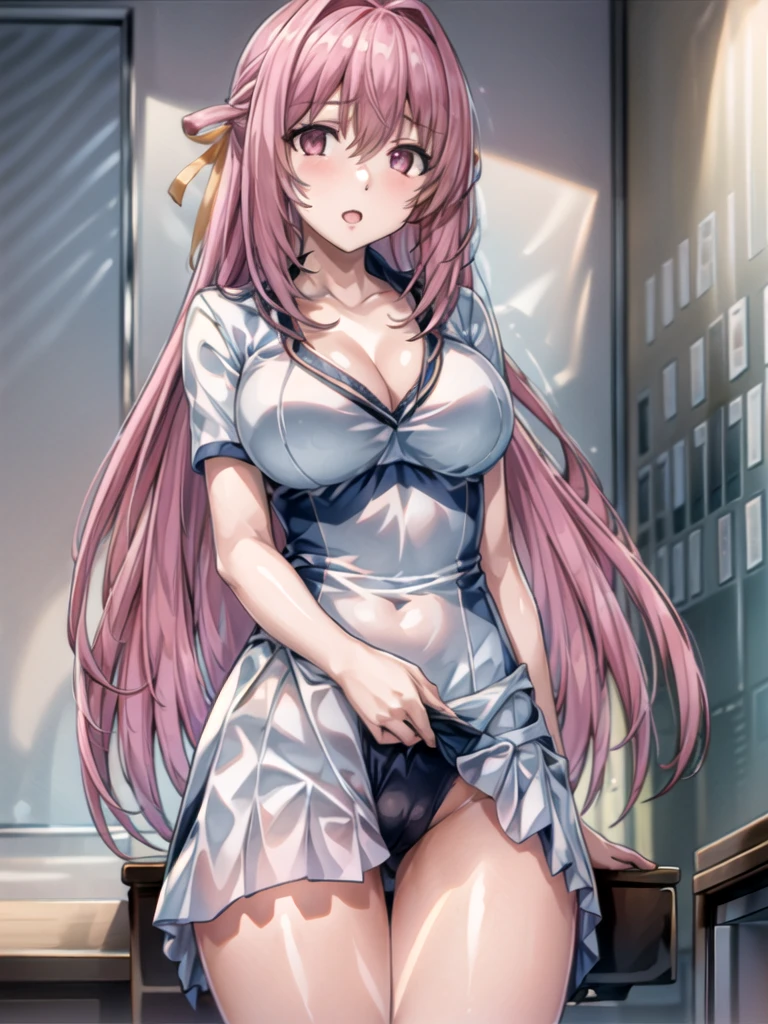 Mature Woman, (Mature Woman:1.3) eternally, shut up, Looking at the audience,pink hair,red eye,黄colorいリボン,length_hair, Slim and sexy shape, whole body,the bestquality, (8k), (4K),(masterpiece), (the bestquality), Very detailed, Game CG, Wheel within wheel, Very detailedな, shape, Beautiful body,Beautiful Nose,fair角color設計, 完美的eye, 完美face蛋, 1 person, Open your mouth, face红, 2 people, 20 years, young woman, fair Finger, fair length legs, fair body, fair Nose, fair character design, perfect eye, perfect face, expressive eye, Perfect balance, Looking at the audience,(Focus on her face),shut up, (Innocent_大きなeye標_eye:1.0),(Light_笑face:0.3), Official Art,Very detailed CG Unity 8k wallpaper, Perfect lighting,rich and colorful, bright_front_face_Lighting,White skin, (masterpiece:1.0),(the best_quality:1.0), Ultra-High resolution,4K,Very detailedな, photograph, 8k, High resolution, High resolution, Absurd:1.2, Kodak Portrait 400, Film Grain, Blurred Background, Bokeh:1.2, 鏡頭Light暈, (full of energy_color:1.2), (fair,大きなeye標_chest:1.4), (fair_face:1.5),(narrow_Waist),attractive,(虹colorのグラデーションレオタード:1.5), (Intense orgasm:1.5, Love juice flowing from the crotch:1.5), (Lewd pose with legs spread:1.5), Masturbation:1.5、