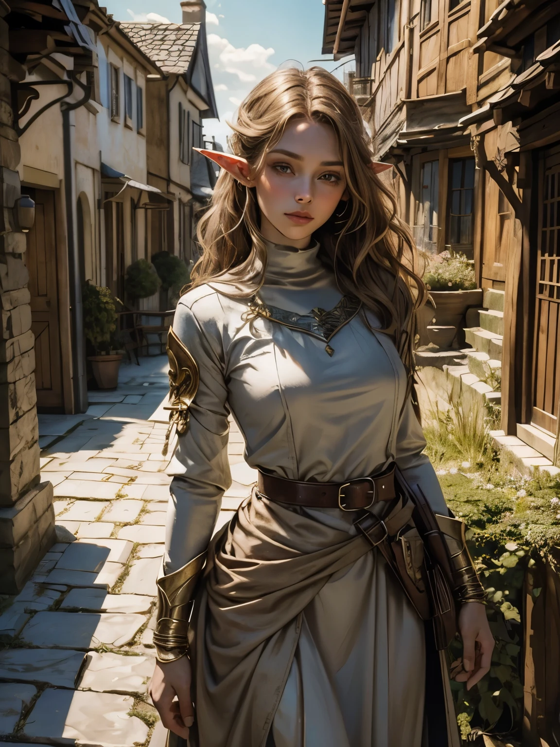 ((Medieval fantasy setting)). Tags: super detail, high details, high quality, best quality, highres, 4K, detailed face, face fix, detailed hands, detailed fingers, portret, 1girl "Echo is a 22-year-old half-elf. She has light brown skin. Thick light chestnut hair with caramel highlights and soft waves. Brown eyes with green hues. Her beautiful face is oval with soft features and pronounced cheekbones. She has full and attractive lips with a natural blush. A slight scar over her right eyebrow. Her ears are small like a human's but pointed like an elf's. Her physique is athletic and slim, she toned and flexible. She has a round and elastic body shapes."
Clothing. Dress with a simple, straight line, length to the ankles. The free cut allows you to move and work easily without restricting your movements. The sleeves are long, with the possibility of rolling them up if necessary. Color: Light brown or beige.
Details: At the waist - a thin belt made of the same material as the dress itself. The absence of any decorative elements or embroidery makes it ideal for camouflage among ordinary people.
Background: Medieval village, old houses, sloping wooden fences.
Tags: (covered hard nipples)