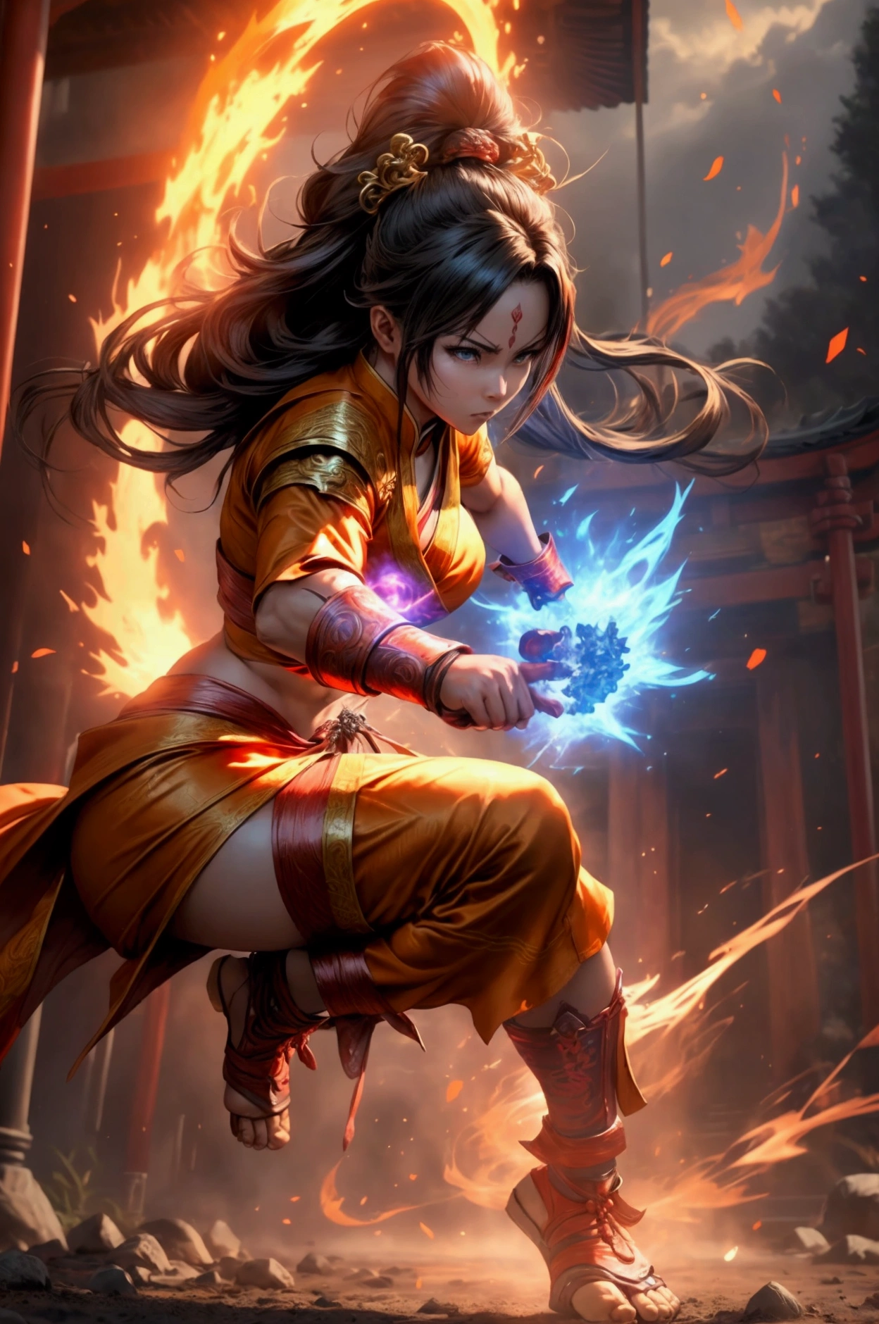 fighting game female fire monk, chinise fightning clothing, action kick pose, fire elemental, fire manipulation, temple background, gorgeous anime woman