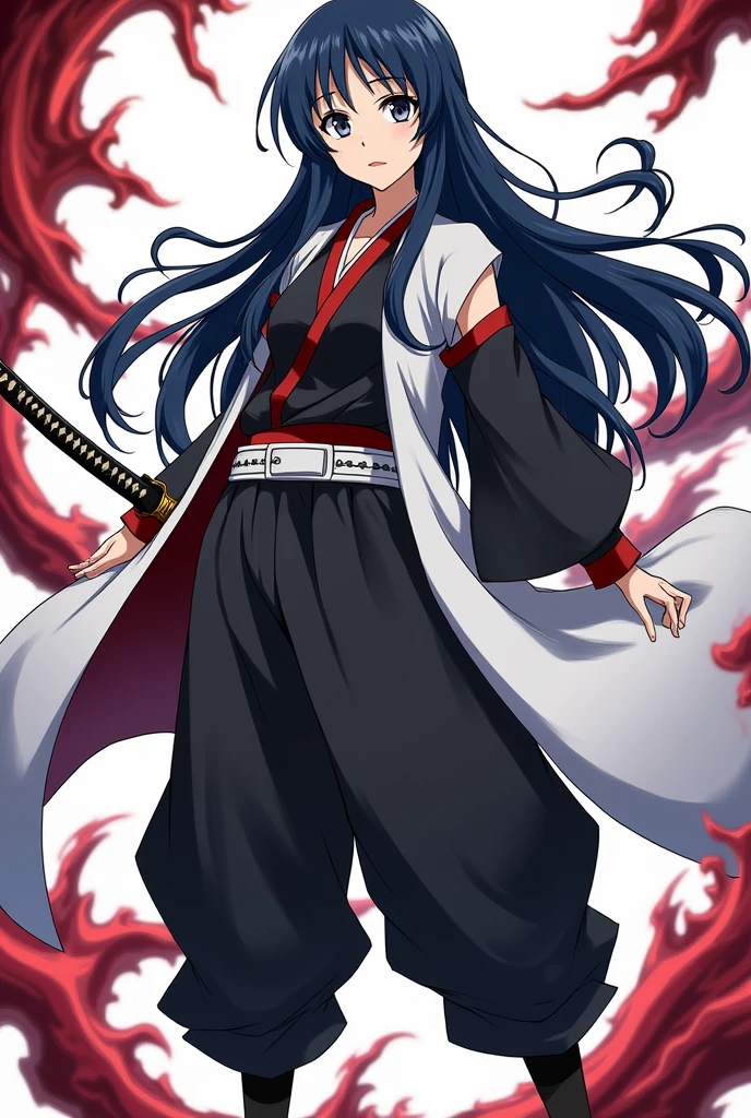 Kimetsu No Yaiba style anime woman with a medium size bust and wide waist.
Big gray eyes and long, straight navy blue hair.
Wearing an oversized black shirt with long sleeves with white edges and black oversized pants. A white belt and wears black socks and sandals.
a katana with a blue handle and a white haori with light blue edges.
A confident expression on her face