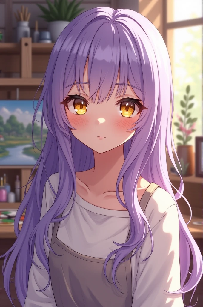 1 girl, long lavender hair, yellow eyes, Art teacher, pretty, anime style