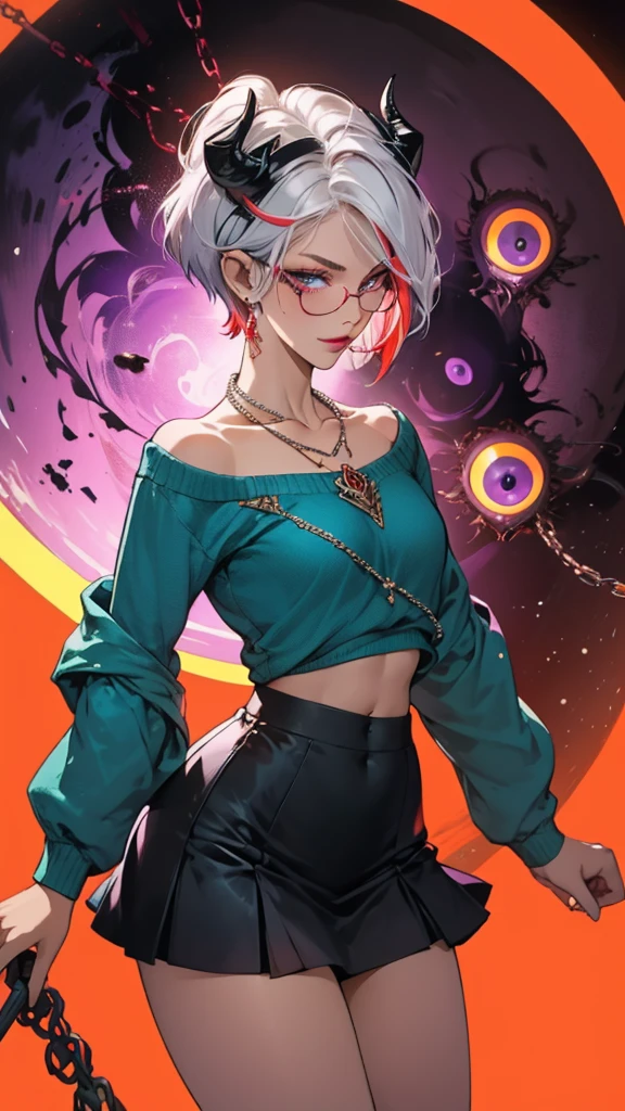 8k, masterpiece, best quality, highly detailed, 1 girl, tiefling, warlock, pixie cut, multicolored hair, very short straight hair red highlight hair on white hair, strippled hair, wearing glasses, round glasses, earrings, navel piercing, red eyeshadow, long eyelashes, blushed cheek, red lips, pearl necklace, rings, collarbone, mole on face, glamorous, teal and purple clothes, miniskirt, smirk, close up view, rings, looking at viewer, demon horns, solo, void, blood red moon, standing, chains on the background.