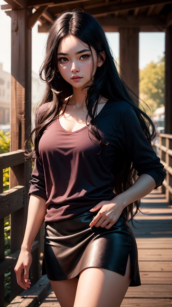 RAW, professional photograph, medium shot, photorealistic, hyper-realistic, ray tracing, super detail, UHD, 8k, female, twenty years old, goddess, athletic body, soft facial features, black hair, long hair, straight hair, black eyes, pink blouse, black skirt, old wooden bridge