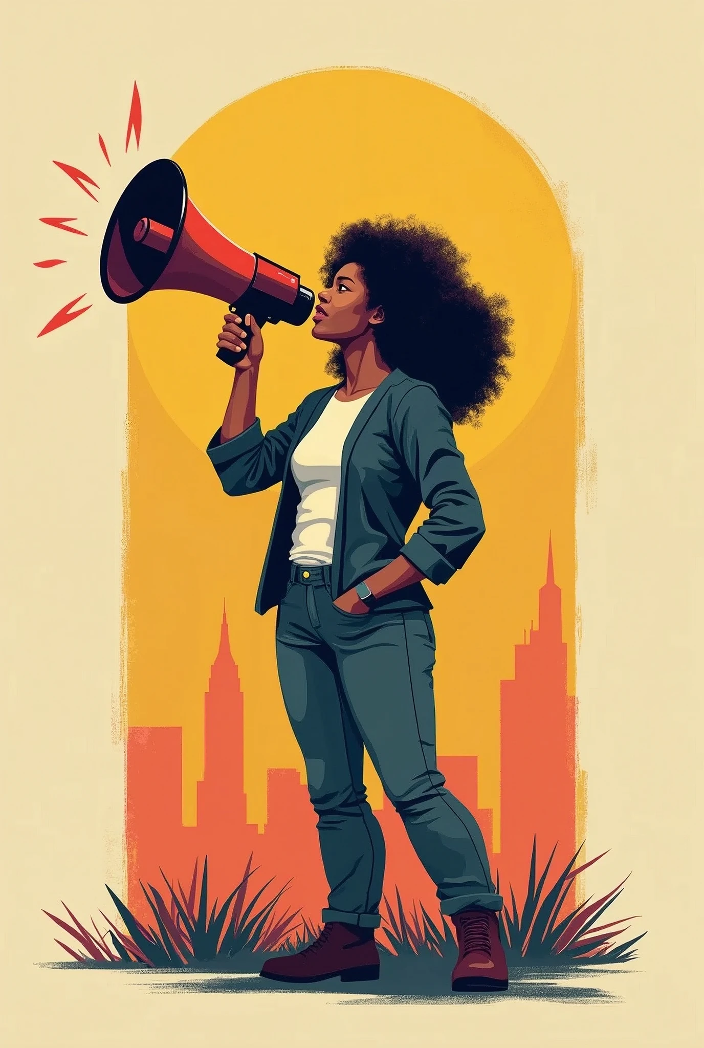 Monica saying racism with megaphone, square image
