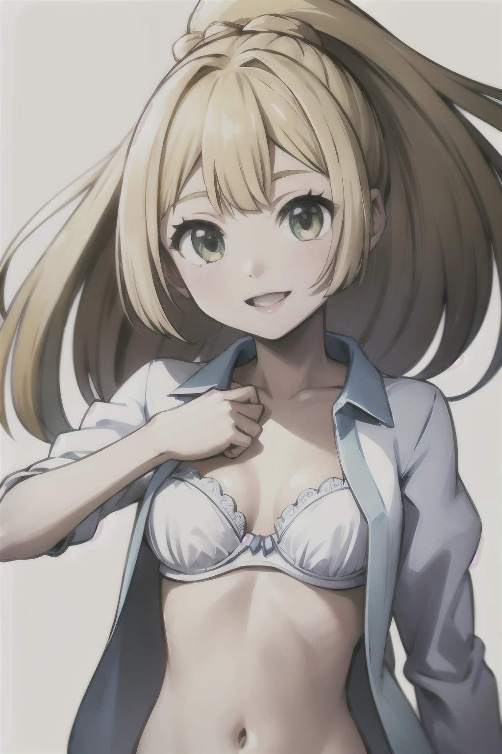 (masterpiece), ((of the highest quality)), alone, blonde ponytail, , smile, White shirt on , white , , simple background(little),(littleキャラ) bra and panties