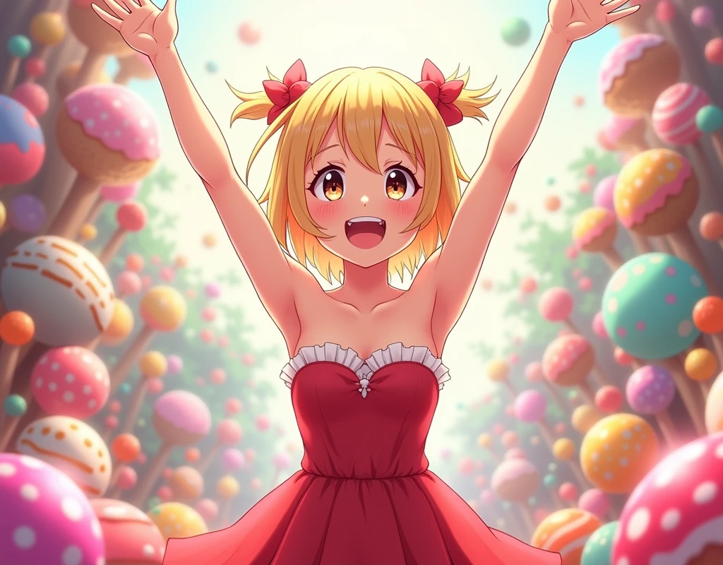anime girl, blonde, strapless red dress, sleeveless, looking at sweets and candies, fantasy world, cheerful, arms raised up, zooms in on exposed armpits.