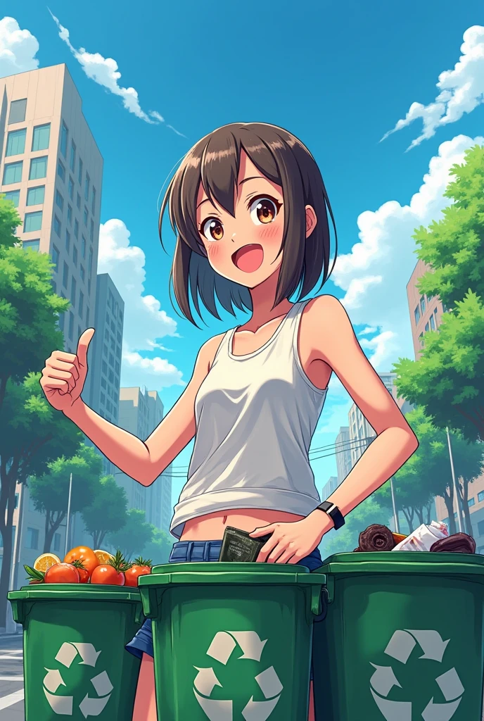 Create a drawing of a  girl recycling in an anime style 