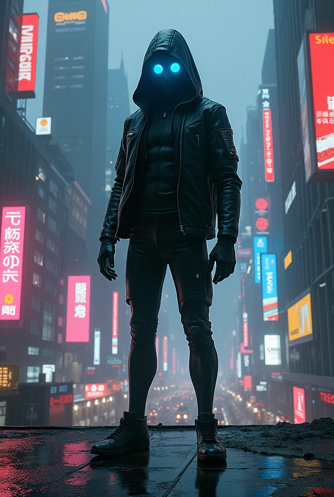 A realistic cypherpunk character clad in a sleek, form-fitting bodysuit with integrated circuitry and a hooded jacket that drapes over their head, casting shadows across their face. The character's eyes glow with a vibrant blue light, partially hidden beneath the hood. They stand confidently on a rain-slicked rooftop, overlooking a sprawling futuristic cityscape at dusk. The city is a maze of towering skyscrapers adorned with neon signs, holographic displays, and buzzing drones that patrol the skies. In the distance, giant digital billboards flash messages in various languages. The streets far below are filled with the glow of neon lights and the movement of people and vehicles. The scene is moody and atmospheric, with the character exuding an air of rebellion and defiance in this cybernetic world.