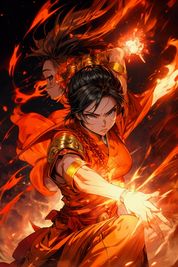fighting game female fire monk, chinise fightning clothing, action kick pose, fire elemental, fire manipulation, temple background, gorgeous anime woman