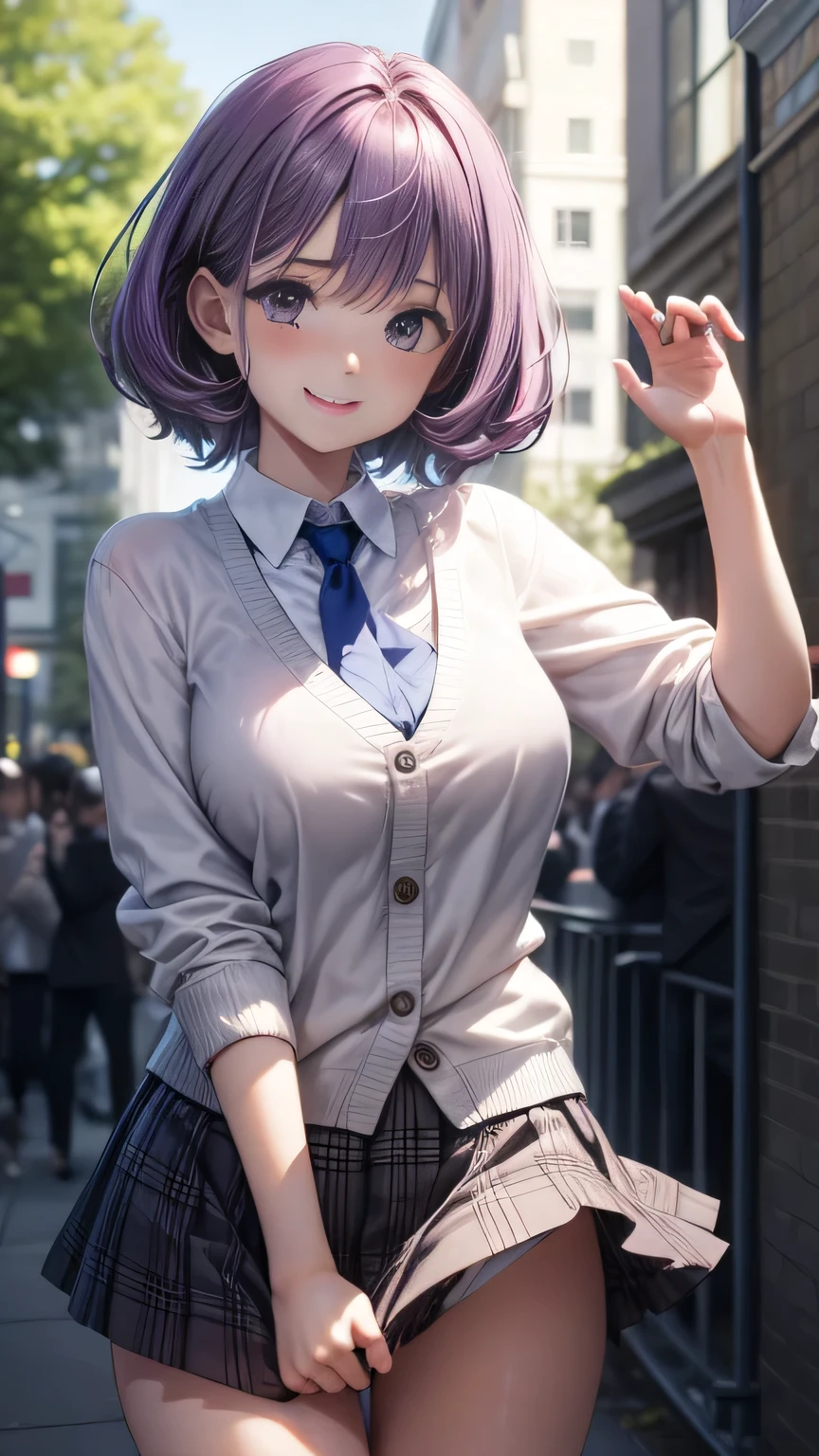 (Very detailed CG Unity 8K wallpaper),(masterpiece), (Highest quality), (Very detailed), (Best illustrations),(Best Shadow)、Large Breasts、crowd、Smiling Man、A man lifts up her skirt(See-through white underwear、I can see the streaks)、Embarrassed and blushing。Purple eyes and very short purple hair、White blouse、Blue tie、Checked mini skirt、Beige cardigan、Dynamic Angle