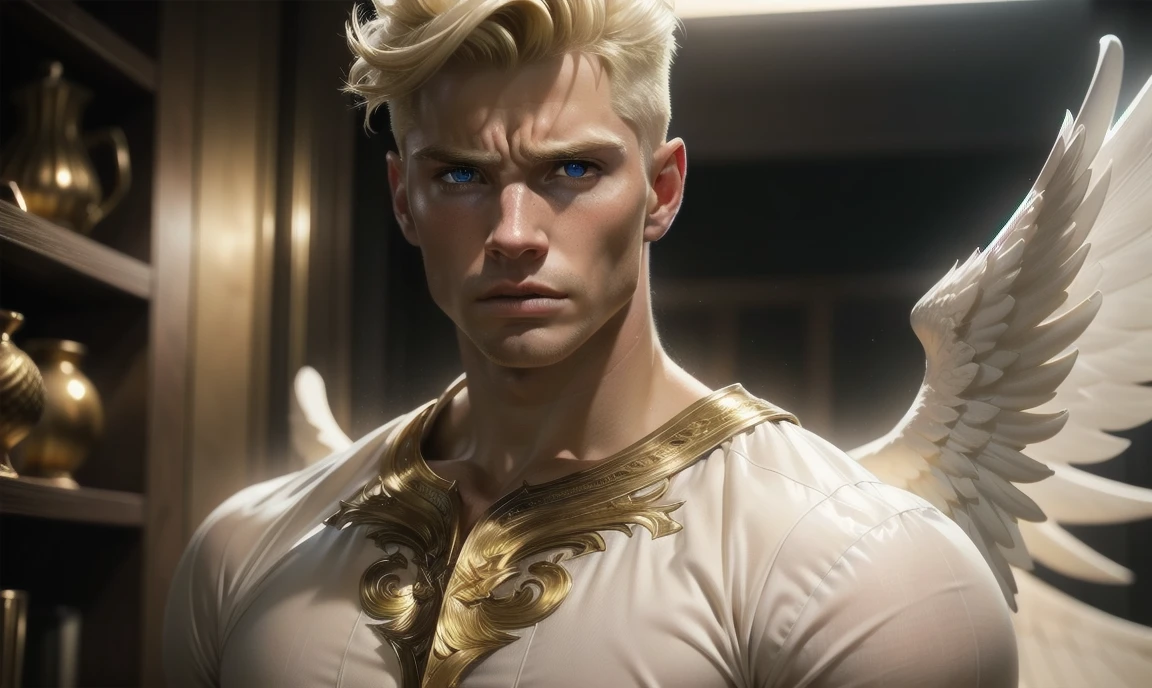 [((highly detailed, detailed eyes, detailed face, clear and realistic facial features, photorealistic, realistic light, cinematic, facing the viewer)), (1 man), (((((Gorgeous sexy powerful masculine male angel))))), (((two grand golden wings coming from his back))), ((((short blond hair)))), ((((very pale eyes with white iris)))), ((35 years old)), ((wearing flattering angelic clothes)), (((aura of divine power))), standing in a cozy apartment at nighttime, ((light blush)), (((((wearing a clearly irritated expression)))))]