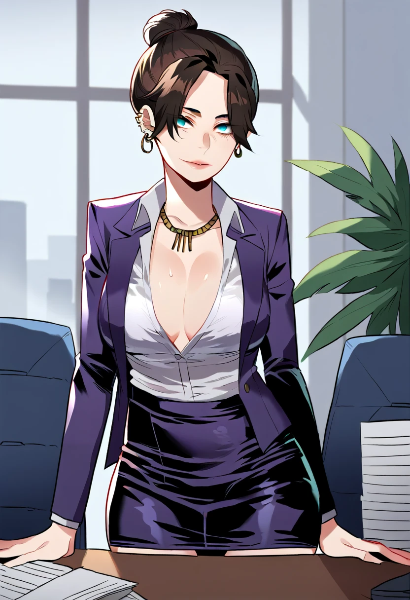score_9, score_7_up, BREAK 1girl, solo, blazer, pencil skirt, necklace, earrings, wraith \(apex legends\), white shirt, office lady, breasts, office, indoors