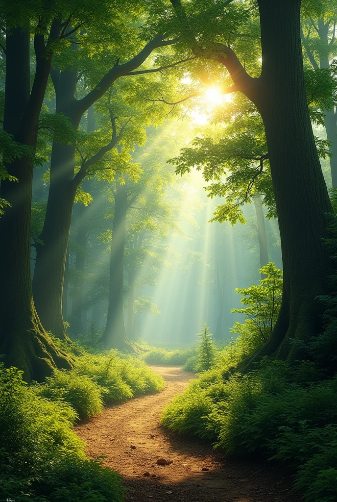 A panoramic photo of the forest, with the trail disappearing into the horizon. The morning sun filtering through the foliage creates a dramatic effect.
