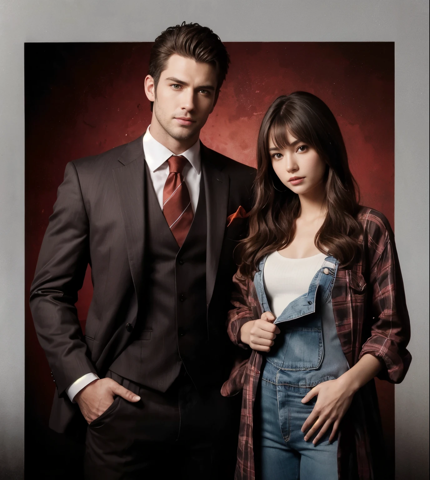 Handsome guy and beautiful girl ,standing, full body Ultra-realistic detailed rendering, wearing a gray orange mine clothing , with his whole body visible, straight short hair,standing beside the tree, and with a tree behind him, and with a little light