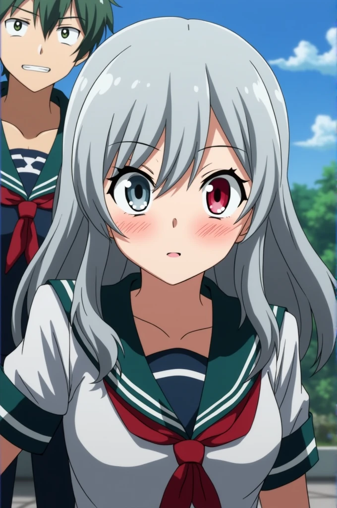 Screenshot of my hero academia.
Grey haired girl, She has almond-shaped eyes, one grey eye and one red wine eye, He has a scar on his left eye, She has the UA uniform and behind her is Katsuki Bakugou