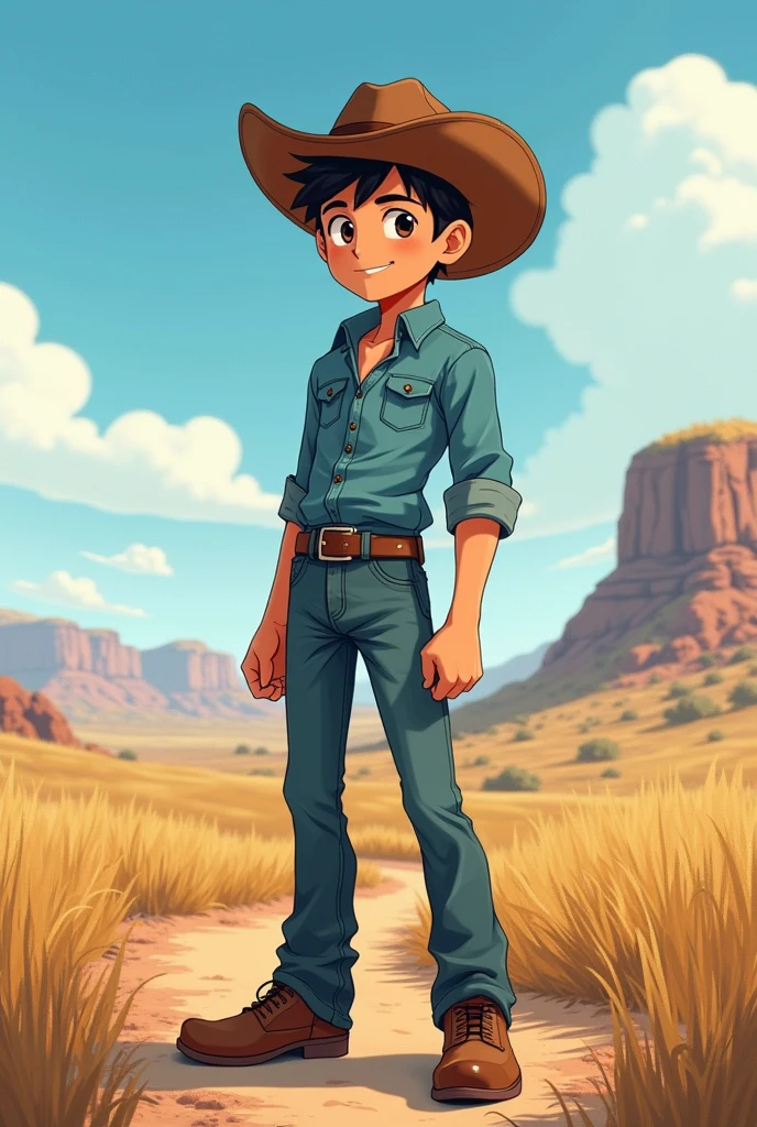 Anime male. Anime style. Country boy. Cowboy. Male. Wearing a cowboy hat.
