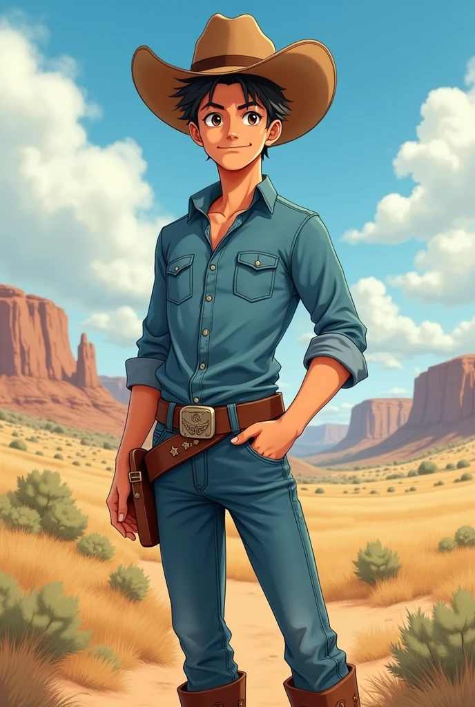 Anime male. Anime style. Country boy. Cowboy. Male. Wearing a cowboy hat. 