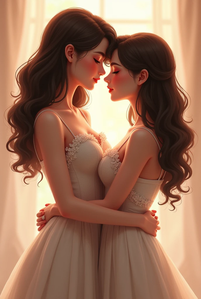 Short, thin white princess with straight brown hair, hugging with skinny brunette with thick curly hair