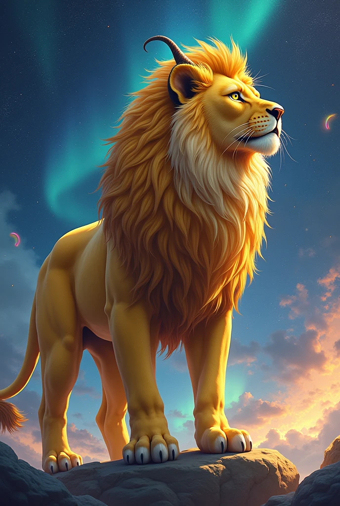solo, male, mature male, (male anthro lion:1.3), (yellow body:1.1), (standing:1.3), (kemono:1.2), (starry sky:1.23), t-shirt, (clothed), (looking up:1.4), (raised head), (side view), galaxy, aurora, (rainbow:1.3), detailed eyes, portrait, dragon tail, horn, (detailed eyes), (outside:1.35), gras