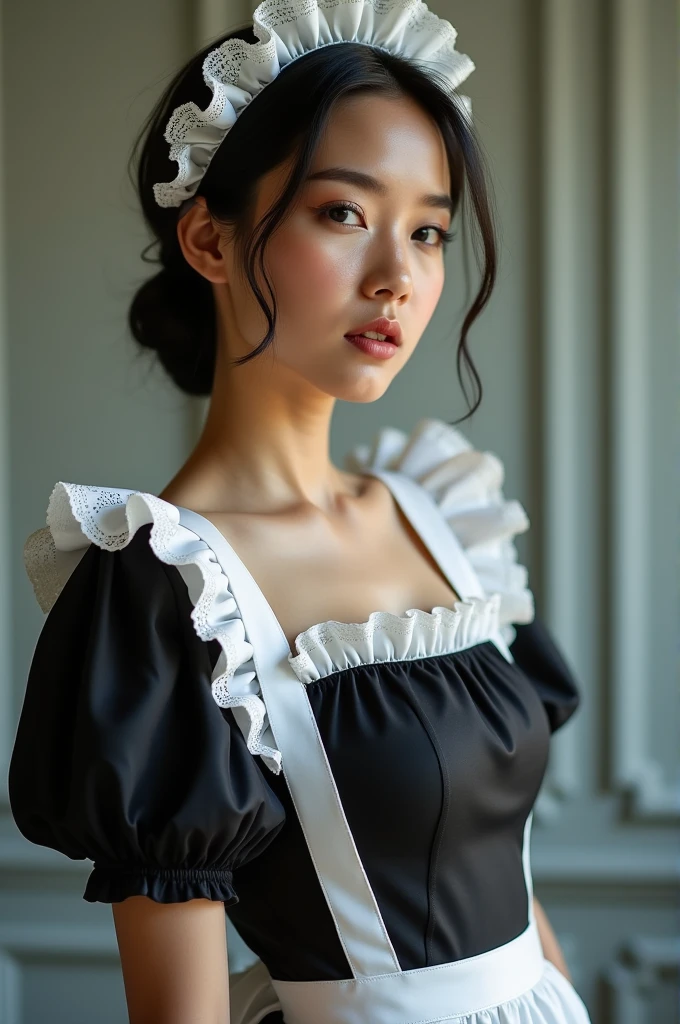 (Photography)(dynamic) Show a Malay female, in French maid costume. Standing pose.