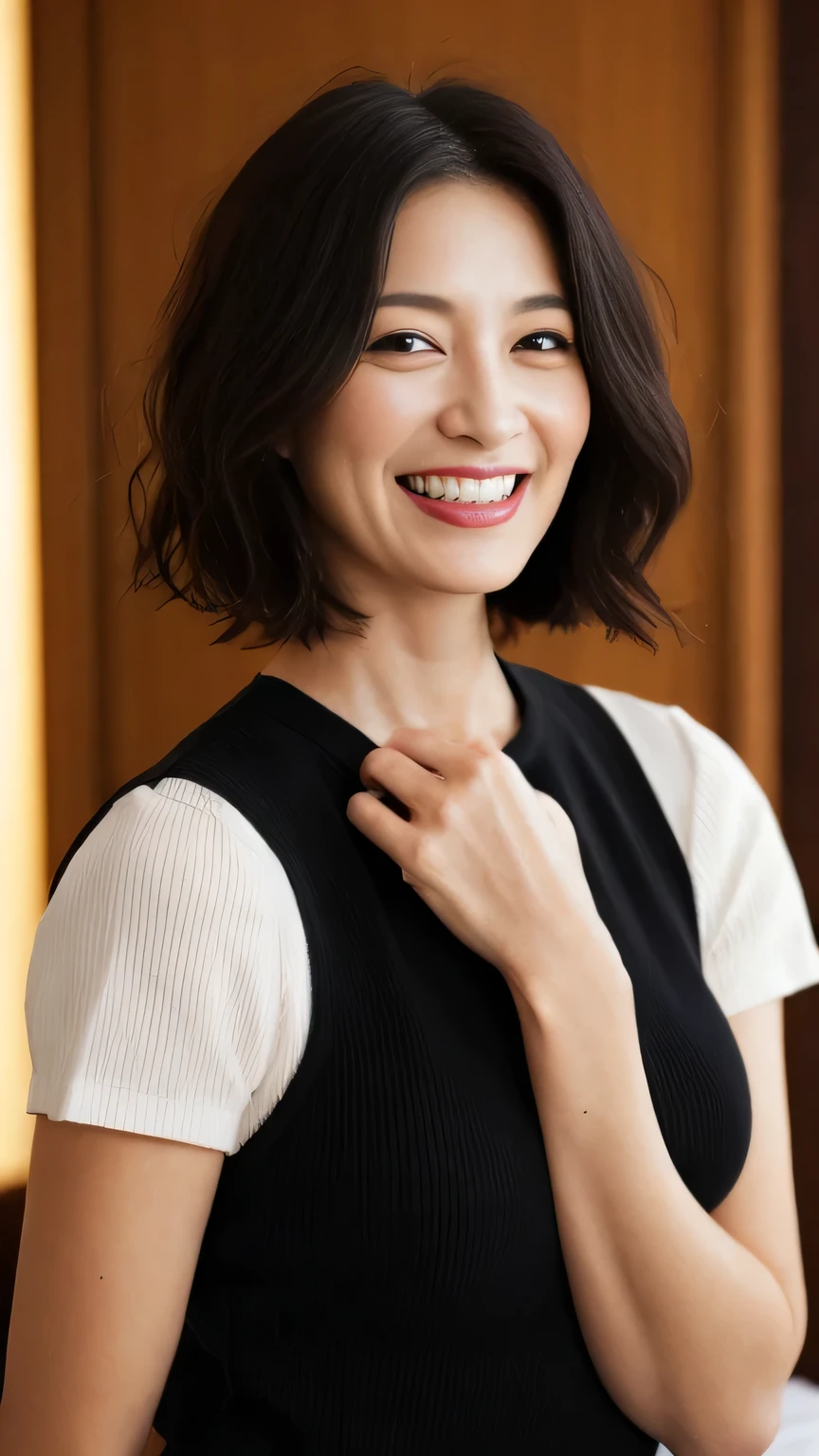 Portraiture、8k、high quality、Realistic Photographic Images、50 years old、Japanese women、Wrinkles around the eyes、young proprietress of an inn、Natural and realistic eyes、Japanese Stand、、美しいBlack Hair、short hair、short hair、light makeup、Octane Rendering、Beautiful lighting、Golden ratio composition、A kind smile、Laughter、Clothes with short sleeves、Bright colors、Shiny black one piece dress、On a bed in a love hotel、Welcome the cheating partner、4K、high resolution、Realistic Photographic Images、Japanese women、45 years old、Pure Japanese humanity、Beautiful wife、Upper Body、美しいchest、chestの腫れ、chest、、chestを開いてブラジャーを見せてください、light makeup、、Pure beauty、Mature Woman、A refreshing smile、Open your mouth、Black Hair、black eye、spread one'Wide legs、Showing panties、Roll up your skirt、I can see your pants、Squatting down、M-shaped legs、The pants are completely visible、Squat、Take off your panties