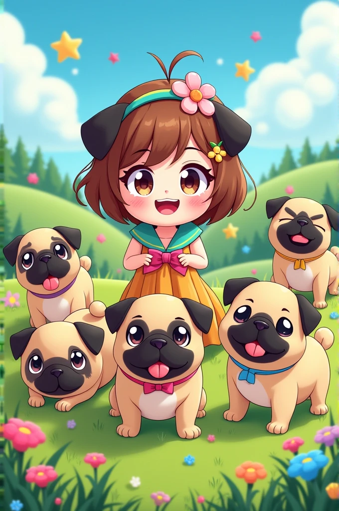 Cartoon of colorful pugs and a kawaii woman with brown and blonde hair in the field