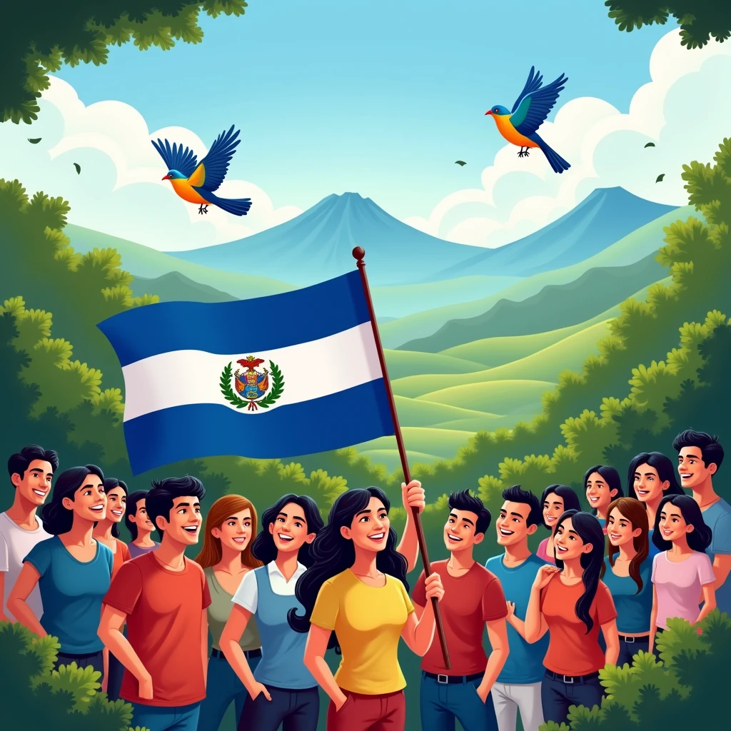 CREATE AN ILLUSTRATION WITH HAPPY PEOPLE, ONE OF THEM CARRIES A BLUE AND WHITE FLAG SYMBOLIZING THE FLAG OF EL SALVADOR, AND IN THE BACKGROUND HE PLACES FOREST VALLEYS WITH VOLCANOES, WITH QUETZAL BIRDS