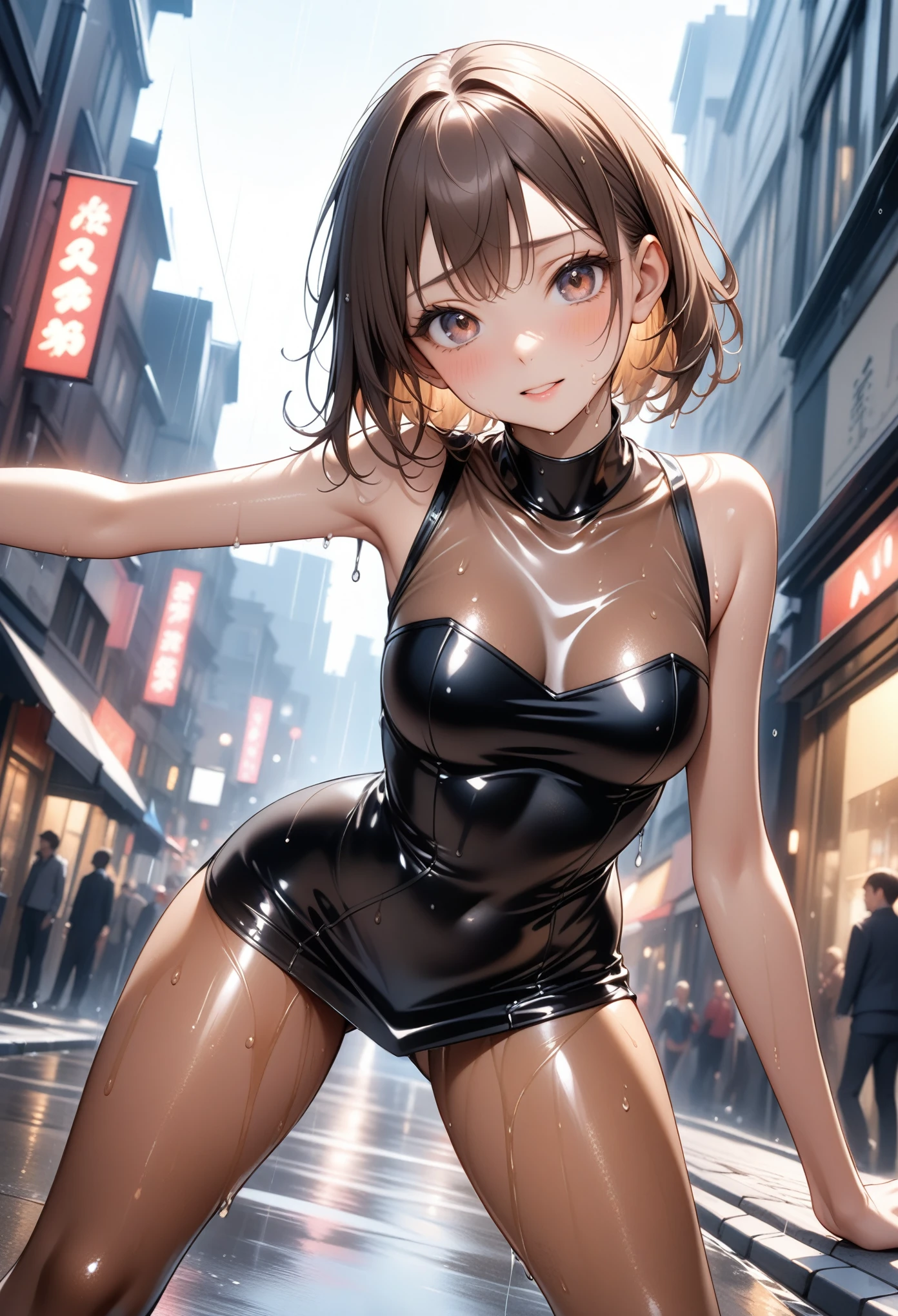 (((Rainy day in town))), Very wet from the rain, ((Fashion Model), (((A one-piece dress that was wet and transparent from the rain))), (skirt), (pantyhose),)), , ((Shiny Costumes)), skindentation, skinny, solo, 1 woman, Masterpiece, highest quality, highest quality, 16K, incredibly absurd, highly detailed, 2.5D, ai-generated, delicate and dynamic, very delicate facial expressions, delicate eye depiction, erotic, only sexy woman, ((A cute and kind face)), healthy figure, ((25-year-old woman)), 160cm tall, medium firm swaying bust, Sweat,Embarrassed,sexy, ((thin thighs)),, (camel toe:0.7), , (Erect nipples,:0.7), shiny and lustrous, facing straight at viewer, (((in heat))), ((Oily_skin)), ((Lots of sweat)), (((Brown Skin))), ((dutch angle)), ((erotic pose)), ((City sidewalk in midsummer)),, (((Very dynamic pose))),