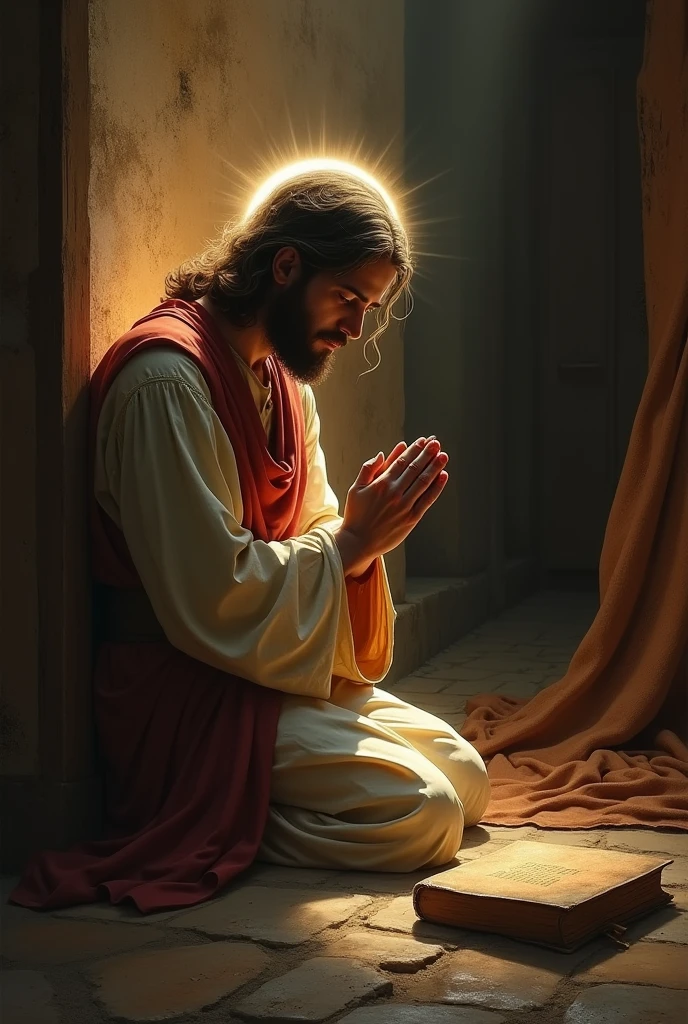 Jesus Christ kneeling in solemn prayer for the afflicted, soft halo shining above his head, holding a small weathered scroll of scripture at his side, placed in a serene, dimly lit environment suggestive of a humble dwelling, ambient light casting a warm, divine glow over the scene, detailed wood and fabric textures, subtle reflections, Digital painting, ultra clear, dramatic lighting, a bible in front of you on the floor