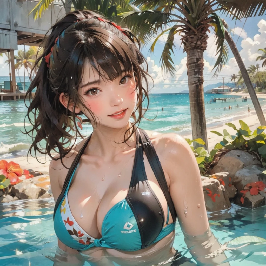 ((highest quality, masterpiece, High resolution)), ((reality)),Photos of beautiful Japanese women,((anime art))、 (((1 girl))), normal size breasts, slim body shape, long ponytail,double eyelid, Wet see-through micro bikini, A pareo with bold ethnic patterns and plenty of primary colors、(Brown skin:1.4),realistic skin、Wet,whole body,cinematic light、tropical、Against the background of palm trees on both sides、on a sunny beach、With the sea in the background、blur background、smile