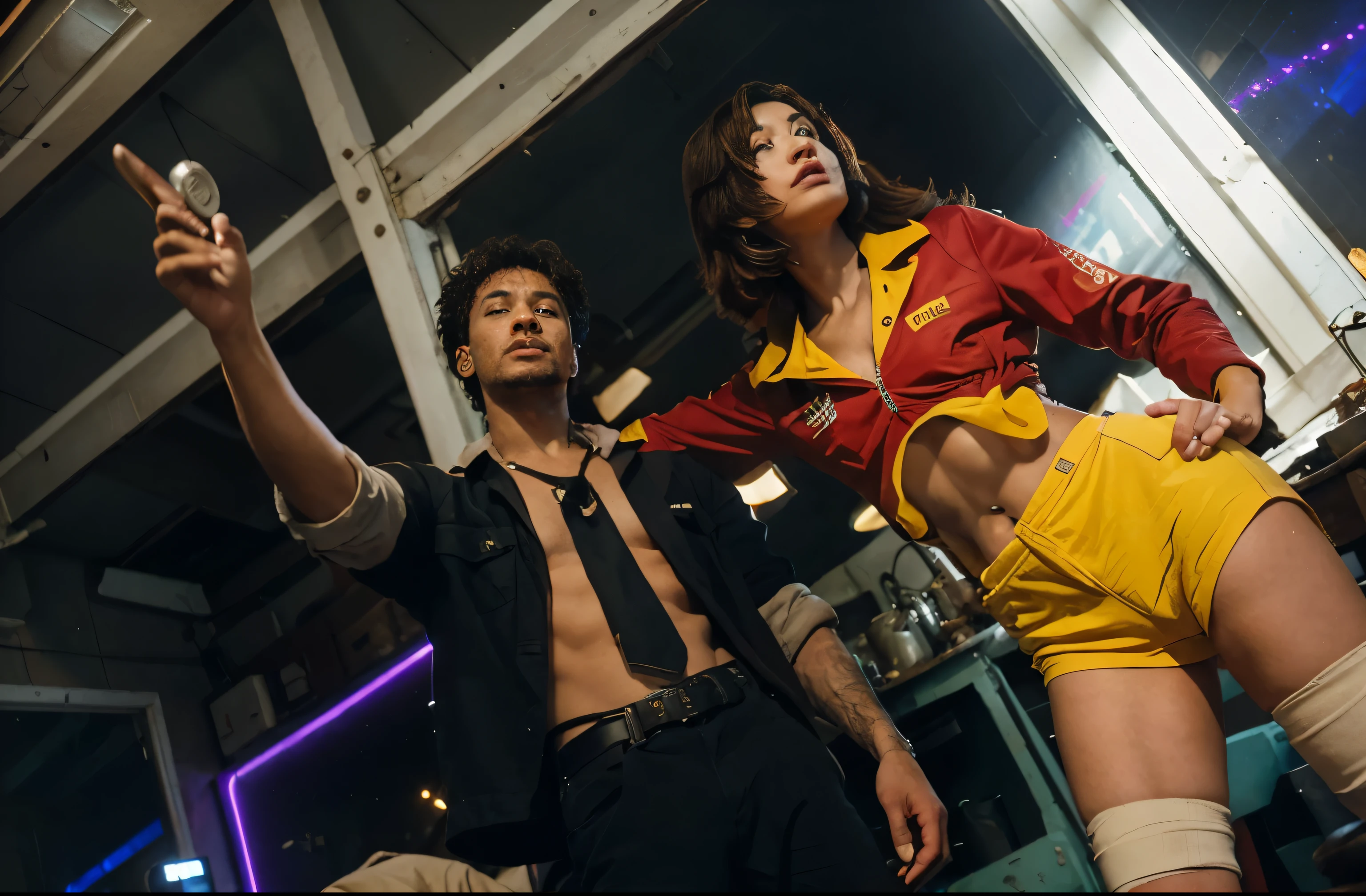 (Best quality, 8k, 32k, Masterpiece, UHD:1.2) "Change the setting of the image to the interior of the spaceship Bebop from Cowboy Bebop. The scene captures the iconic, lived-in aesthetic of the ship, with its industrial design, exposed metal beams, and dim, moody lighting. The background includes the cluttered common area, with mismatched furniture and scattered personal items that hint at the crew’s diverse lives. The walls are adorned with old posters and gadgets, adding to the sense of a space that's both functional and homey. The character stands within this space, blending into the unique atmosphere of the Bebop, surrounded by the ship's rustic charm and quiet hum of machinery."