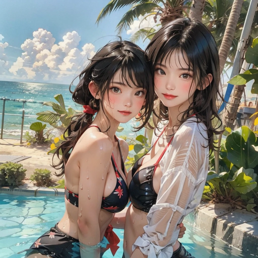 ((highest quality, masterpiece, High resolution)), ((reality)),Photos of beautiful Japanese women,((anime art))、 (((1 girl))), normal size breasts, slim body shape, long ponytail,double eyelid, Wet see-through micro bikini, A pareo with bold ethnic patterns and plenty of primary colors、(Brown skin:1.4),realistic skin、Wet,whole body,cinematic light、tropical、Against the background of palm trees on both sides、on a sunny beach、With the sea in the background、blur background、smile