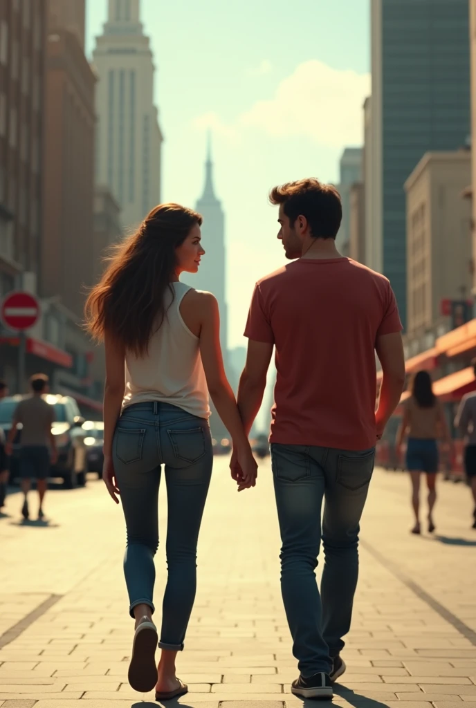 A young woman walking backwards with a guy in a city (They don't hold hands )