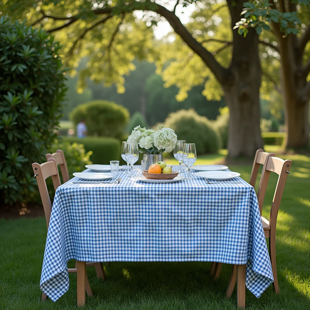 Garden table in foreground with blue checked tablecloth low angle 
