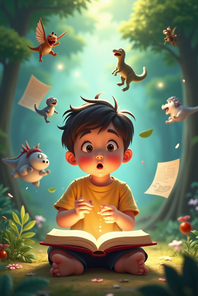 Anak yang takjub setelah membuka book yang dia pegang dan handphone, laptop, book, papers flying around and seeing imagination like dinosaurs, animal, floating around him and a fantasy forest behind him