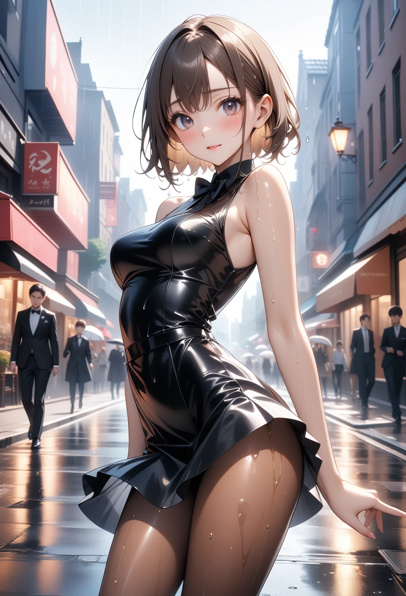 (((Rainy day in town))), Very wet from the rain, ((Fashion Model), (((A formal dress that is wet and transparent from the rain))), (skirt), (pantyhose),)), , ((Shiny Costumes)), skindentation, skinny, solo, 1 woman, Masterpiece, highest quality, highest quality, 16K, incredibly absurd, highly detailed, 2.5D, ai-generated, delicate and dynamic, very delicate facial expressions, delicate eye depiction, erotic, only sexy woman, ((A cute and kind face)), healthy figure, ((25-year-old woman)), 160cm tall, medium firm swaying bust,　Sweat,Embarrassed,sexy, ((thin thighs)),, (camel toe:0.7), , (Erect nipples,:0.7), shiny and lustrous, facing straight at viewer, (((in heat))), ((Oily_skin)), ((Lots of sweat)), (((Brown Skin))), ((dutch angle)), ((erotic pose)), ((City sidewalk in midsummer)),, (((Very dynamic pose))),