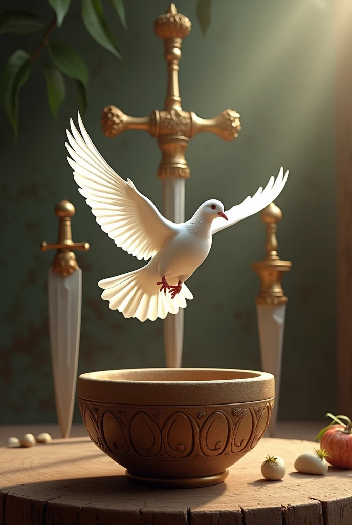 A white pigeon flying over a wooden pestle. In the background, Oxaguiã&#39;s weapons
