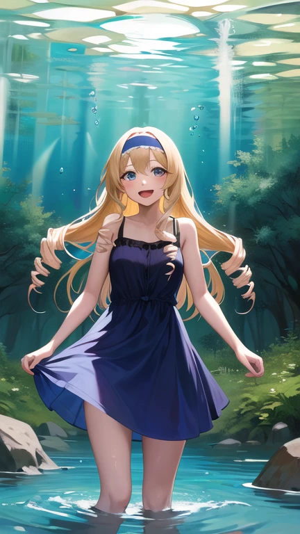 masterpiece, best quality, highres, aacecilia, long hair, curly hair, drill hair, blue hairband, casual, dress, sundress, forest, reaching out, partially submerged, standing, water, smile, open mouth,