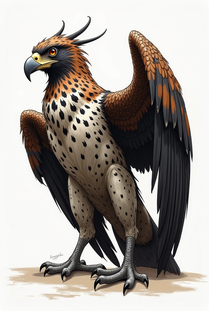 I want a photo of a spotted caracara, in drawing format with strong arms