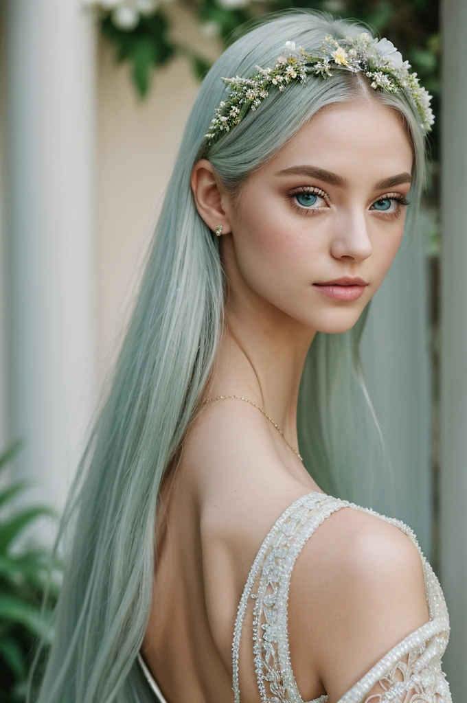 princesselise:
hairs: white, longos e ondulados, falling gracefully down her back. She keeps them impeccable and often adorned with small flowers or jewels..
Skinned: pale and delicate, with a light natural blush that contrasts gently with her light eyes.
eyeballs: Bright and mysterious blues, full of intelligence and a lightness that contrasts with its twin brother. Your gaze can be charming and enigmatic, but also capable of conveying authority.
outfits: Elegant dresses, usually in shades of soft green and silver, with intricate embroidery and details that highlight her position as heiress. Her appearance reflects a combination of power and grace.