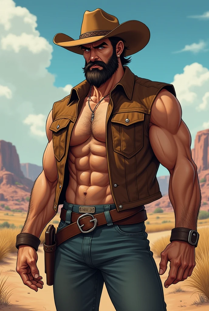 Anime male. Muscular. Beard. Cowboy. Cowboy hat. Country man. Southern man