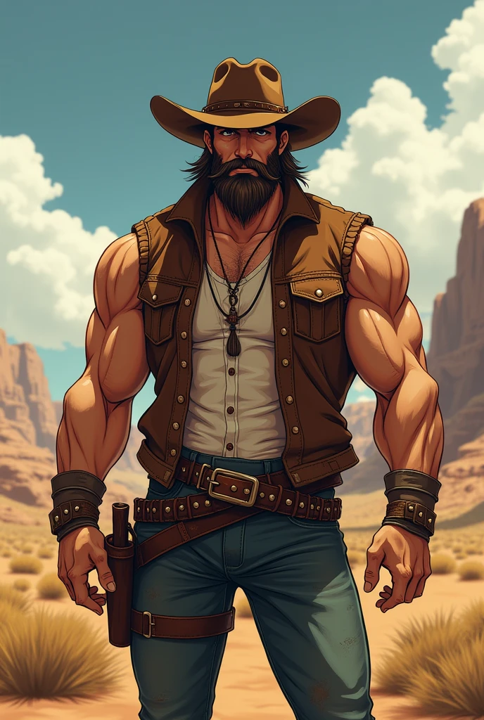 Anime male. Muscular. Beard. Cowboy. Cowboy hat. Country man. Southern man