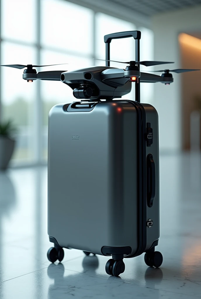 A beautiful suitcase with a drone replacing the handle part ,without any handles on the sides of the suitcase