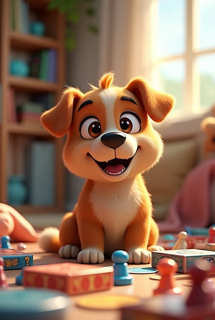 Dog with board games in animated version