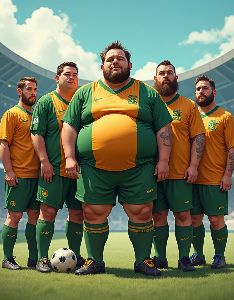 A team of five overweight soccer players obsessed with making their uniforms too small, that they are dirty, poorly dressed after the game and use the colors of the green and orange uniform that the shirt says sys corporation